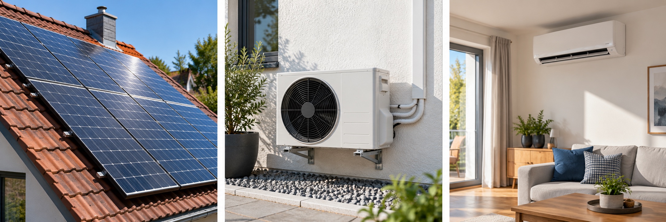 PV-Anlage, Split-Klimaanlagen-Außengerät und Innenraum mit Innengerät